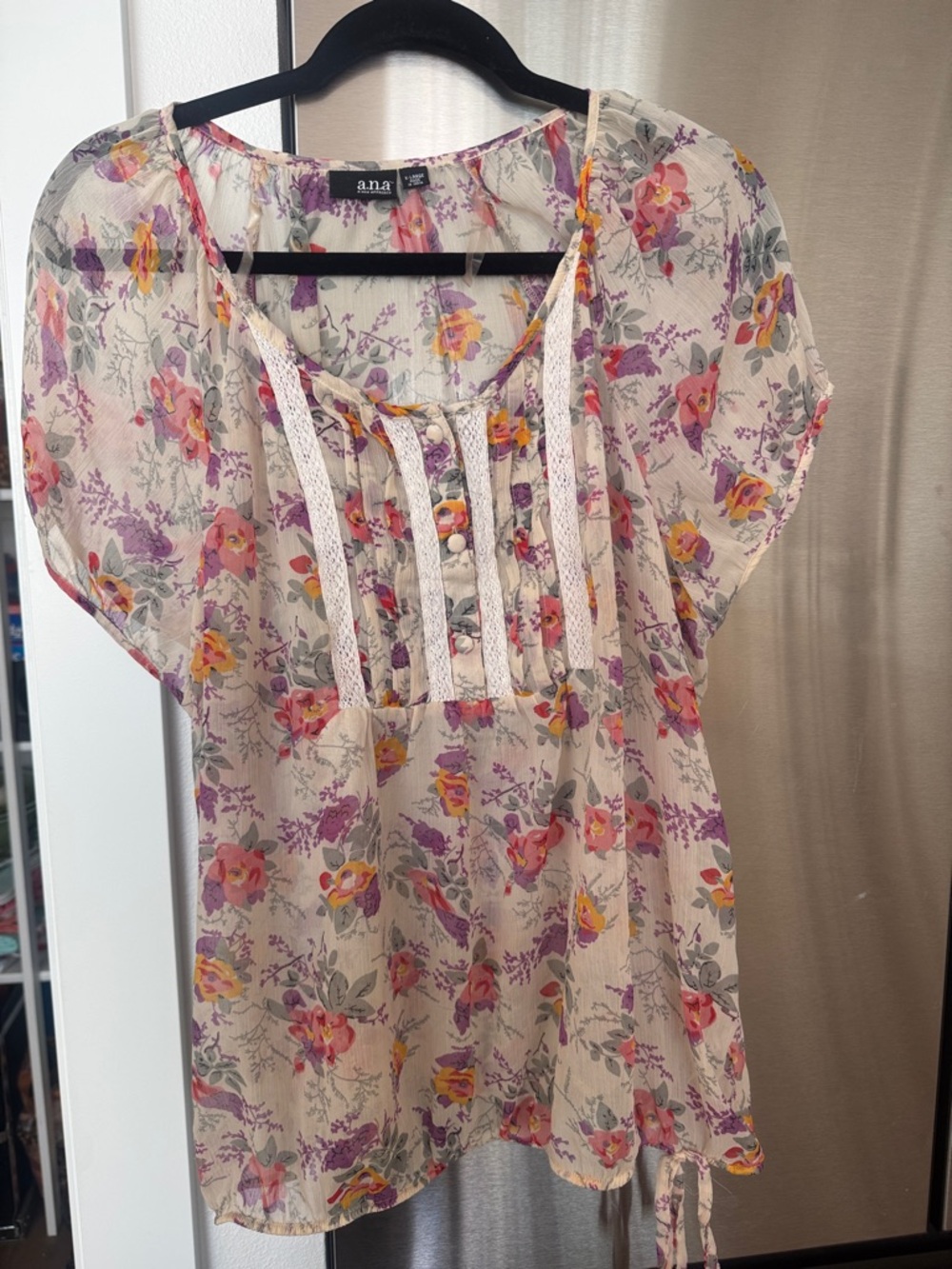 a.n.a Sheer Floral Lace-Trim Peasant Blouse - Cream, Pink, Yellow, Purple